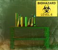 Laboratory and biohazards study, analysis and testing with containers for liquids on a table. Viruses and bacteria