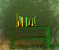 Laboratory and biohazards study, analysis and testing with containers for liquids on a table. Viruses and bacteria
