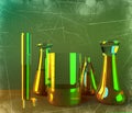 Laboratory and biohazards study, analysis and testing with containers for liquids on a table. Viruses and bacteria