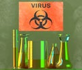 Laboratory and biohazards study, analysis and testing with containers for liquids on a table. Viruses and bacteria