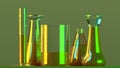 Laboratory and biohazards study, analysis and testing with containers for liquids on a table. Viruses and bacteria