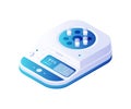 Laboratory centrifuge isometric vector. Scientific blue equipment electronic panel and white test tubes.