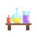 Laboratory chemicals in glassware stand on wooden shelf. Flask, beaker and small bottle with lid. Cartoon flat vector