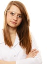 Laboratory. Chemist woman in goggles glasses isolated