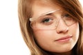 Laboratory. Chemist woman in goggles glasses isolated