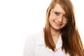 Laboratory. Chemist woman in goggles glasses isolated