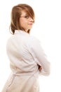 Laboratory. Chemist woman in goggles glasses isolated