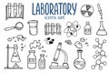 Laboratory chemistry symbols icon set. Science subject doodle design. Education and study concept. Biology or medicine Royalty Free Stock Photo