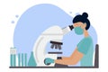 Laboratory concept. A woman in glasses with a microscope conducts research. Biologist, chemist or medical researcher. illustration