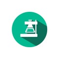Laboratory conical flask icon with shadow on a green circle. Vector pharmacy illustration