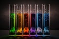 Laboratory containers with different colored liquid. Biological research. Generative ai Royalty Free Stock Photo