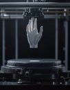 In a laboratory, a 3D printer creates a white plastic hand model, exemplifying the use of modern 3D printing technology Royalty Free Stock Photo