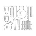 Laboratory devices made of glassware in a linear style. A set of flasks for research and chemical experiments. Vector