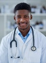 Laboratory, doctor and portrait of black man with confidence, smile and healthcare research. Medical study, lab Royalty Free Stock Photo