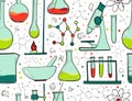 Laboratory equipment color seamless pattern. Science chemistry. Microscope, Glass flasks and test tubes. Chemical Royalty Free Stock Photo