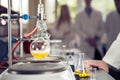 Laboratory equipment for distillation.Separating the component substances from liquid mixture with evaporation and condensation.I Royalty Free Stock Photo