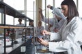 Laboratory equipment for distillation.Student/intern/technician's hands showing experiment.Working in teams for a better result.Sc Royalty Free Stock Photo