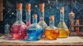 Laboratory equipment drawing, glass bottles and experiment flasks closeup view Royalty Free Stock Photo