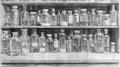 Laboratory equipment drawing, glass bottles and experiment flasks closeup view Royalty Free Stock Photo