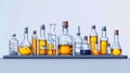Laboratory equipment drawing, glass bottles and experiment flasks closeup view Royalty Free Stock Photo