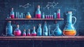 Laboratory equipment drawing, glass bottles and experiment flasks closeup view Royalty Free Stock Photo