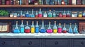 Laboratory equipment drawing, glass bottles and experiment flasks closeup view Royalty Free Stock Photo