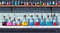 Laboratory equipment drawing, glass bottles and experiment flasks closeup view Royalty Free Stock Photo