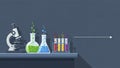 Laboratory equipment including microscope and flasks with colorful liquids on a shelf Royalty Free Stock Photo