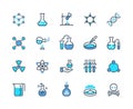 Laboratory equipment line icon. Chemical reaction and medical tube flask and beaker. Vector school biology pictogram set