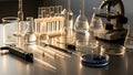 Laboratory Equipment Microscope, Beakers, and Test Tubes Royalty Free Stock Photo