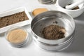 Laboratory equipment for pulverizing and sieving of soil samples on table Royalty Free Stock Photo