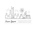 Laboratory equipment set. Science chemistry. Microscope, Glass flasks and test tubes. Chemical experiments. Formulas