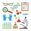 Laboratory Equipment Set Vector. Science Accessories. Glasses, Dna, Structure, Molecule, Notepad, Petri, Bowl, Gloves Royalty Free Stock Photo