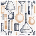 Laboratory equipment sketch. Hand drawn glass pipet and funnel set. Chemical and medicine lab testing equipment. Vector pipette