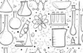 Laboratory equipment sketch seamless pattern. Science chemistry. Microscope, Glass flasks and test tubes. Chemical Royalty Free Stock Photo