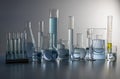Laboratory equipment such as beakers, flasks, cylinders and test tubes well placed