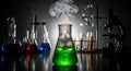 Laboratory Experiment Green Liquid Bubbling in Flask with Smoke Royalty Free Stock Photo