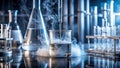 Laboratory experiment precise dropping of a reagent into a beaker, creating a smoky vapor cloud surrounding glassware. Generative Royalty Free Stock Photo