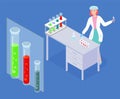 Laboratory experiment, research, big stand with tubes with toxic liquids, laboratory assistant Royalty Free Stock Photo