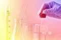 Laboratory experiment, Scientist or chemist`s hand dropping substances for discover new drugs, Research and development Royalty Free Stock Photo