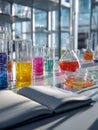 Laboratory experiment setup featuring colorful liquids in glassware on a bright workspace with an open notebook, illustrating Royalty Free Stock Photo