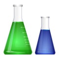 Laboratory flask with narrow neck. Blue green liquids in flasks Royalty Free Stock Photo