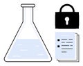 Laboratory Flask, Security Lock, and Documents Representing Data Protection in Scientific Research Royalty Free Stock Photo