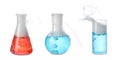 Laboratory flasks and beaker with colorful liquids on white background. Chemical reaction