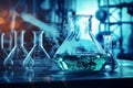 Laboratory flasks and test tubes with blue liquid and steam. Chemical background. Royalty Free Stock Photo