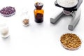 Laboratory for food analysis. Rice under the microscope on white background copyspace