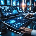A laboratory with a futuristic interface where a person works with a multifunctional touch screen.