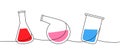 Laboratory glass equipment one line colored continuous drawing. Conical flask, retort glass flask, glass beaker