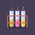 Laboratory glass flasks and test tubes with colored liquid. Experiments in lessons of chemistry and biology. Concept of education. Royalty Free Stock Photo