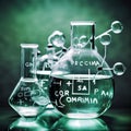 Laboratory glass flasks with transparent liquid inside and formulas, signs written on bottle. Dark green background